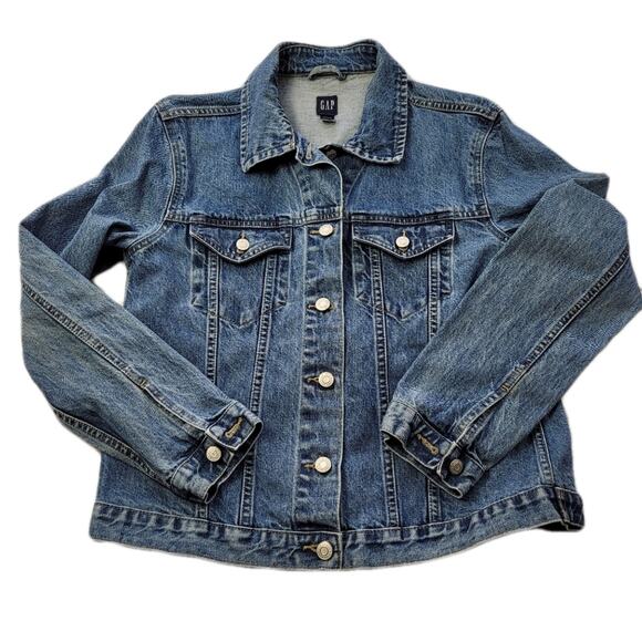 Vintage GAP True Y2k Denim Trucker Jacket Weathered Blue 100% Cotton size Large - Picture 1 of 16